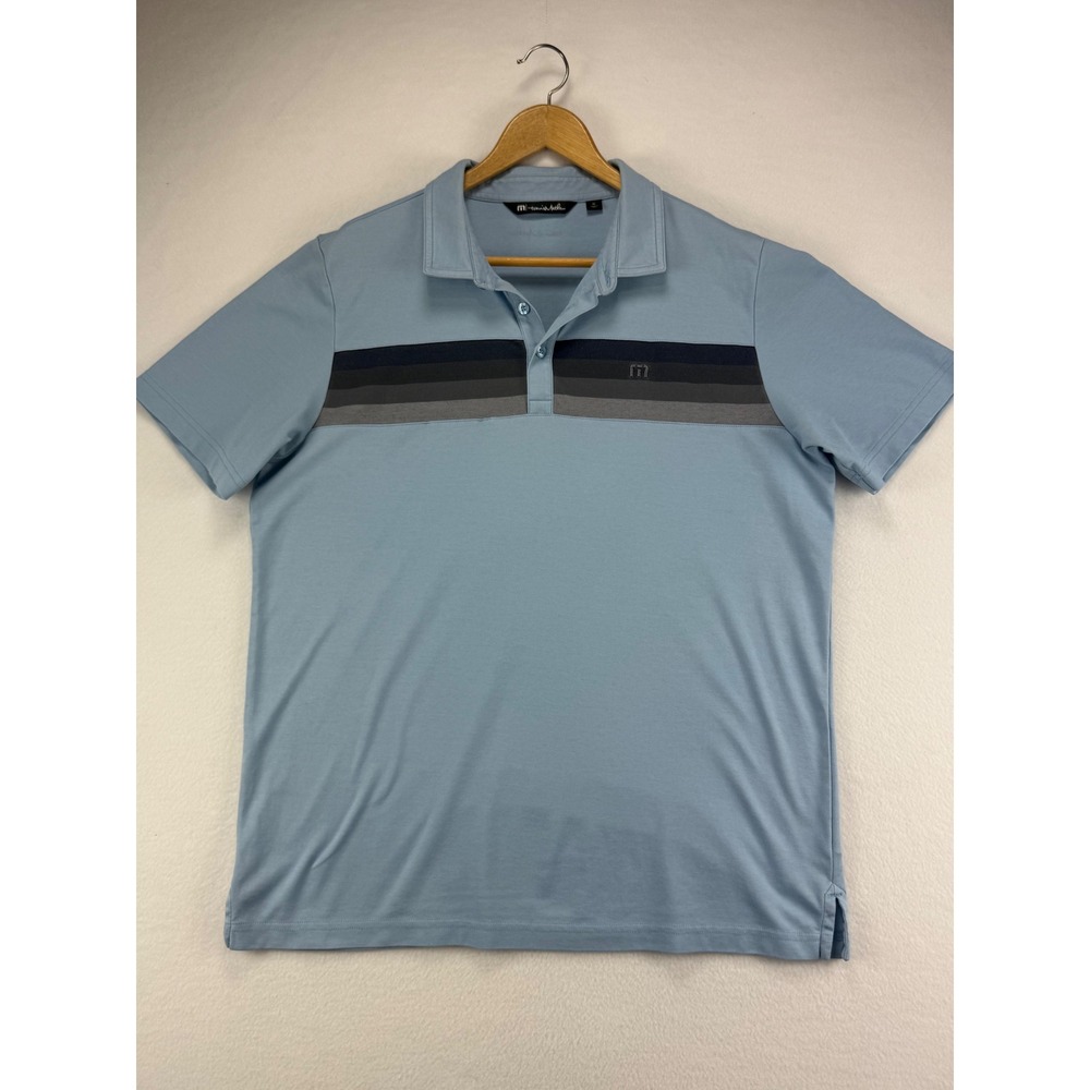 TravisMathew Polo Shirt Mens XL Blue Chest Stripe Short Sleeve Golf Top